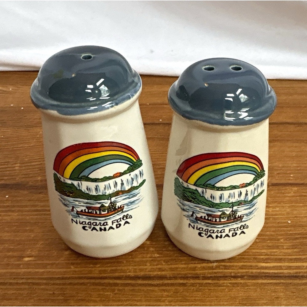 Niagara Falls Canada Ceramic Souvenir Salt Pepper Shakers Rainbow White Blue